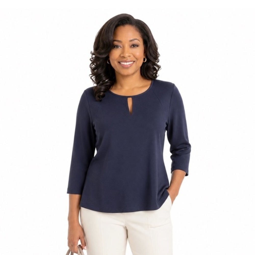 Ann Taylor Petite Navy Blue Keyhole Neck 3/4 Sleeve Knit Top‎ LP